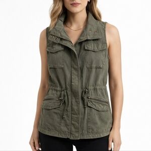 Caslon Womens Olive Utility Vest Cargo Safari Military Jacket Drawstring Small
